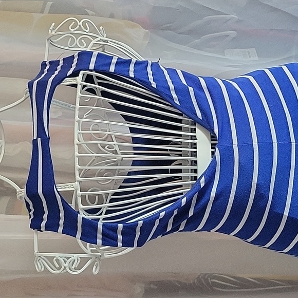 bebe cobalt/white stripe, open-back hi-lo hemline dress, XS - Picture 3 of 7